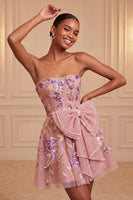 Load image into Gallery viewer, Floral Sparkly Pink Beaded A-Line Short Cocktail Dress with Bow