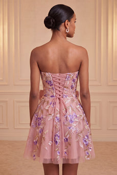 Floral Sparkly Pink Beaded A-Line Short Cocktail Dress with Bow