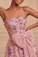 Load image into Gallery viewer, Floral Sparkly Pink Beaded A-Line Short Cocktail Dress with Bow