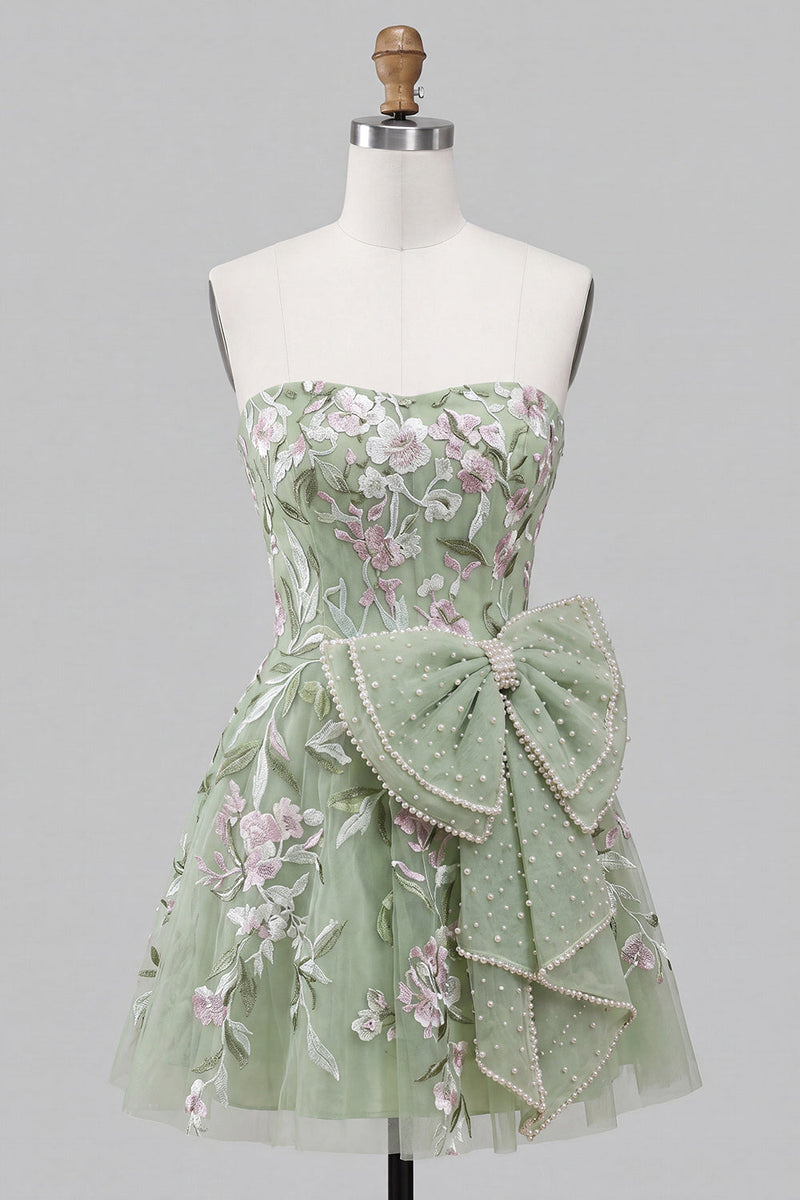 Load image into Gallery viewer, Floral Sparkly Pink Beaded A-Line Short Cocktail Dress with Bow