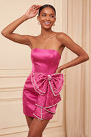 Load image into Gallery viewer, Fuchsia Sparkly Satin Beaded Tight Short Cocktail Dress with Bow