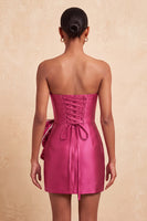 Load image into Gallery viewer, Fuchsia Sparkly Satin Beaded Tight Short Cocktail Dress with Bow