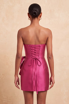 Fuchsia Sparkly Satin Beaded Tight Short Cocktail Dress with Bow
