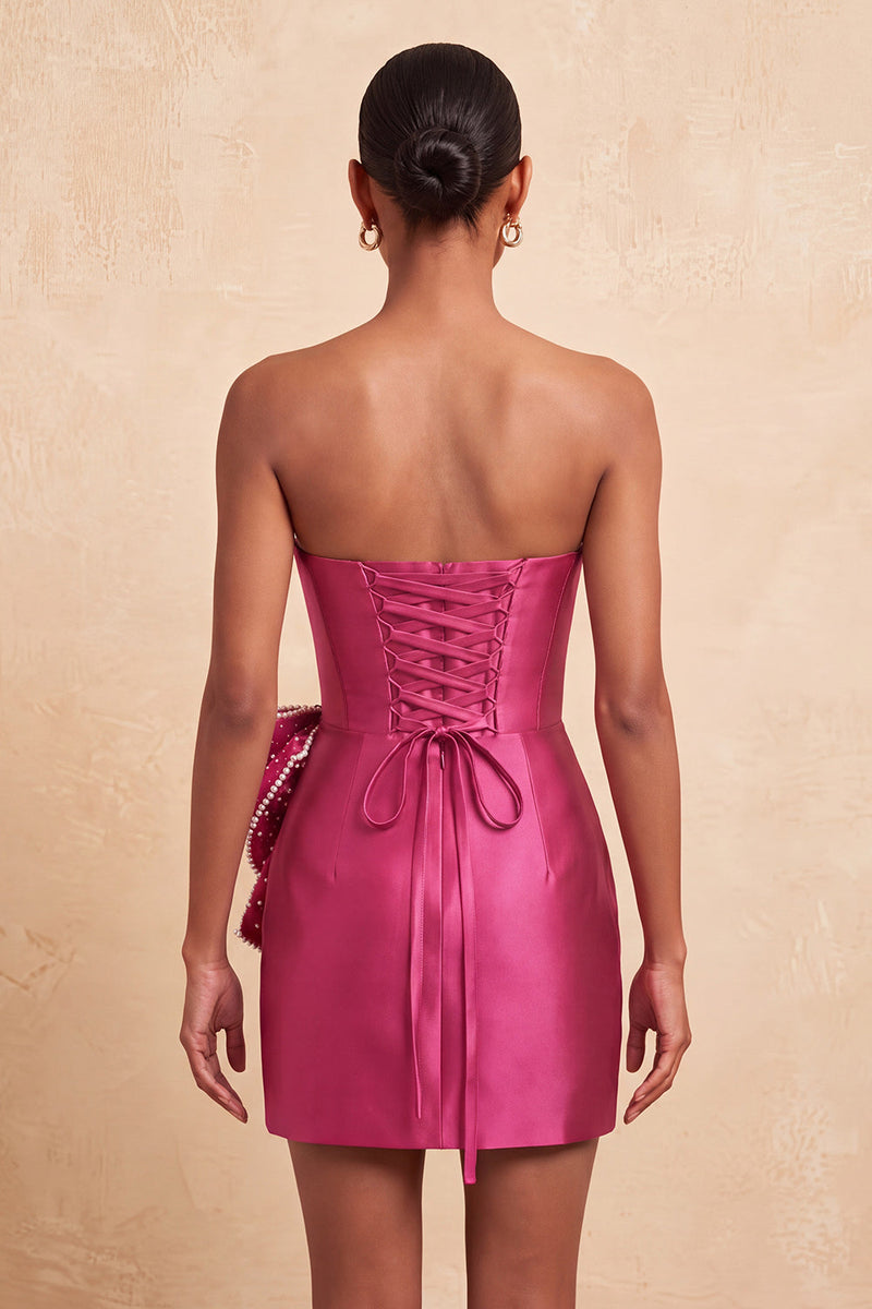 Load image into Gallery viewer, Fuchsia Sparkly Satin Beaded Tight Short Cocktail Dress with Bow