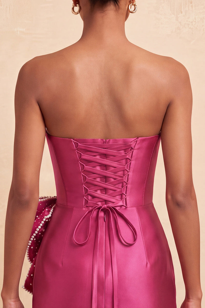 Load image into Gallery viewer, Fuchsia Sparkly Satin Beaded Tight Short Cocktail Dress with Bow