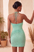 Load image into Gallery viewer, Corset Sparkly Mint Green Ruched Beaded Tight Short Cocktail Dress