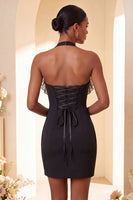 Load image into Gallery viewer, Black Halter Neck Tight Short Cocktail Dress with Ruffles