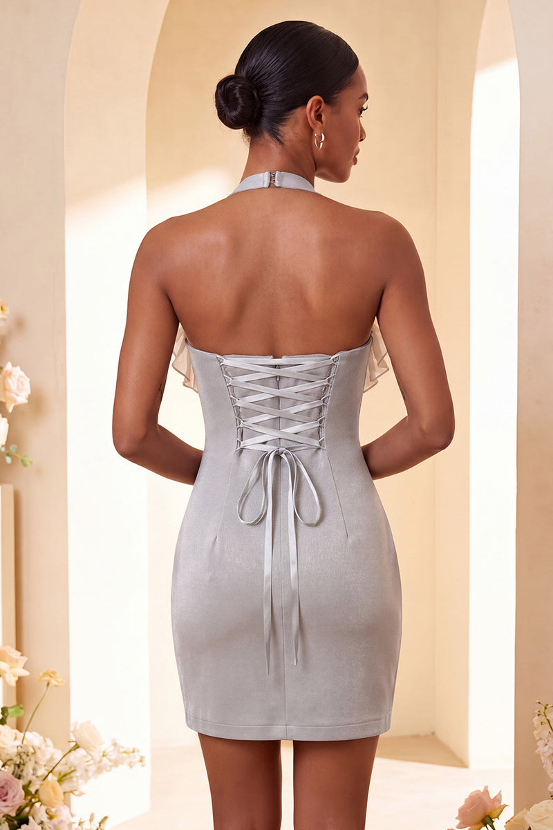 Load image into Gallery viewer, Black Halter Neck Tight Short Cocktail Dress with Ruffles