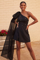 Load image into Gallery viewer, Sparkly Light Blue Beaded Short Cocktail Dress with Side Cape