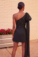 Load image into Gallery viewer, Sparkly Light Blue Beaded Short Cocktail Dress with Side Cape