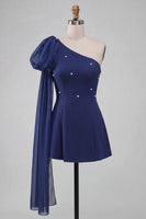 Load image into Gallery viewer, Sparkly Light Blue Beaded Short Cocktail Dress with Side Cape