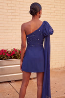 Load image into Gallery viewer, Sparkly Light Blue Beaded Short Cocktail Dress with Side Cape