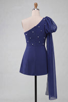 Load image into Gallery viewer, Sparkly Light Blue Beaded Short Cocktail Dress with Side Cape