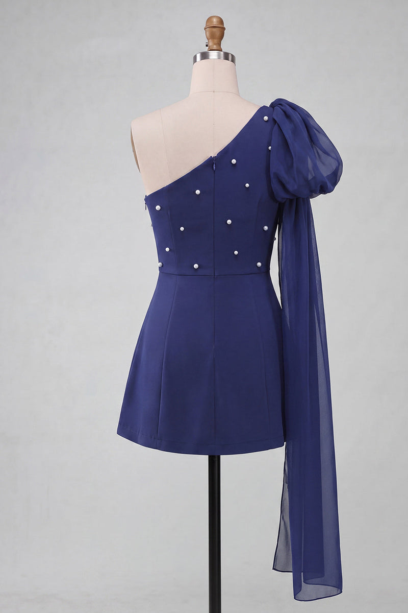Load image into Gallery viewer, Sparkly Light Blue Beaded Short Cocktail Dress with Side Cape