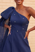 Load image into Gallery viewer, Sparkly Light Blue Beaded Short Cocktail Dress with Side Cape