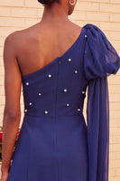Load image into Gallery viewer, Sparkly Light Blue Beaded Short Cocktail Dress with Side Cape