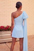 Load image into Gallery viewer, Sparkly Light Blue Beaded Short Cocktail Dress with Side Cape
