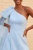 Load image into Gallery viewer, Sparkly Light Blue Beaded Short Cocktail Dress with Side Cape