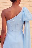 Load image into Gallery viewer, Sparkly Light Blue Beaded Short Cocktail Dress with Side Cape