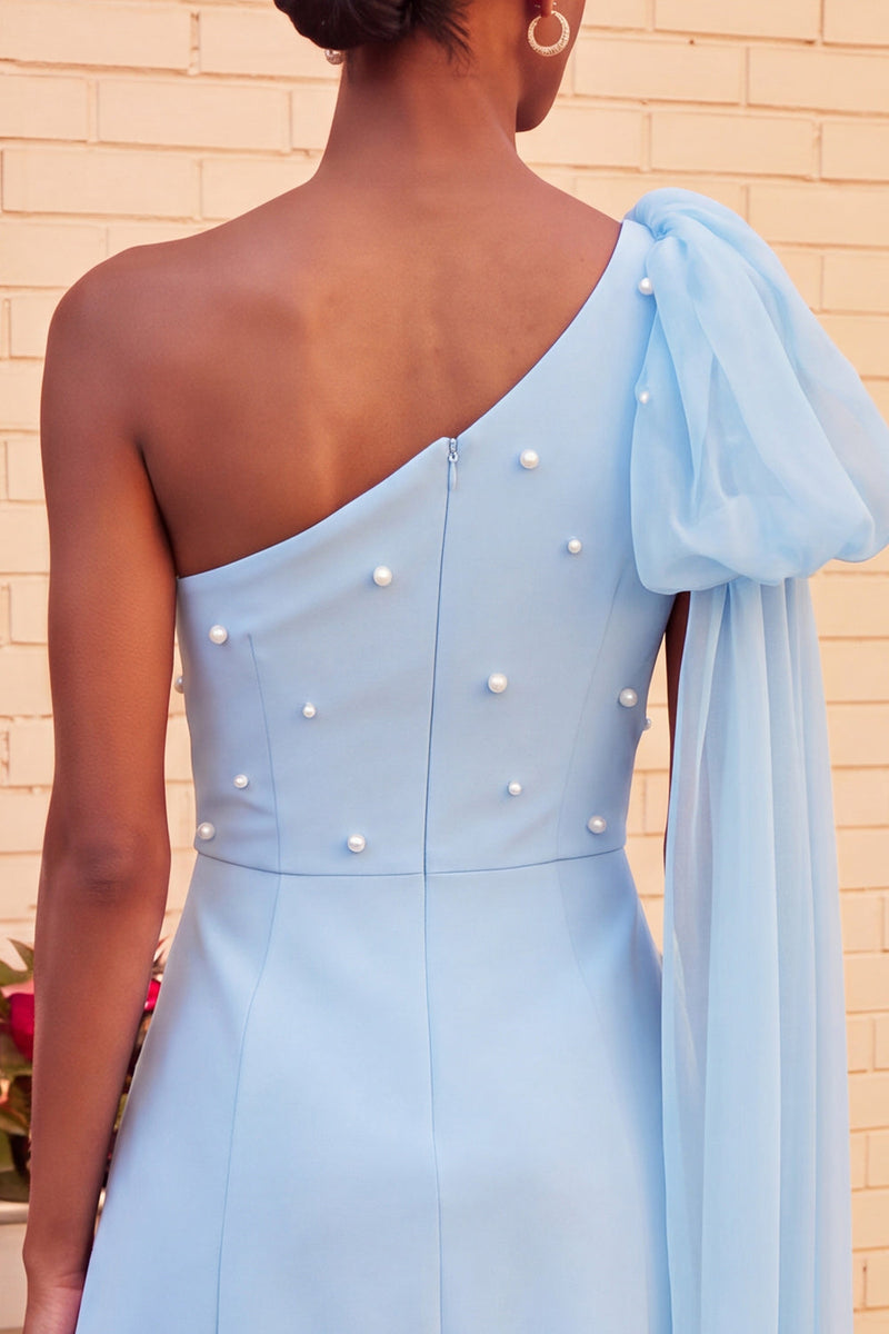 Load image into Gallery viewer, Sparkly Light Blue Beaded Short Cocktail Dress with Side Cape
