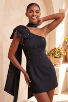 Load image into Gallery viewer, Black Beaded One Shoulder Tight Short Cocktail Dress with Bow