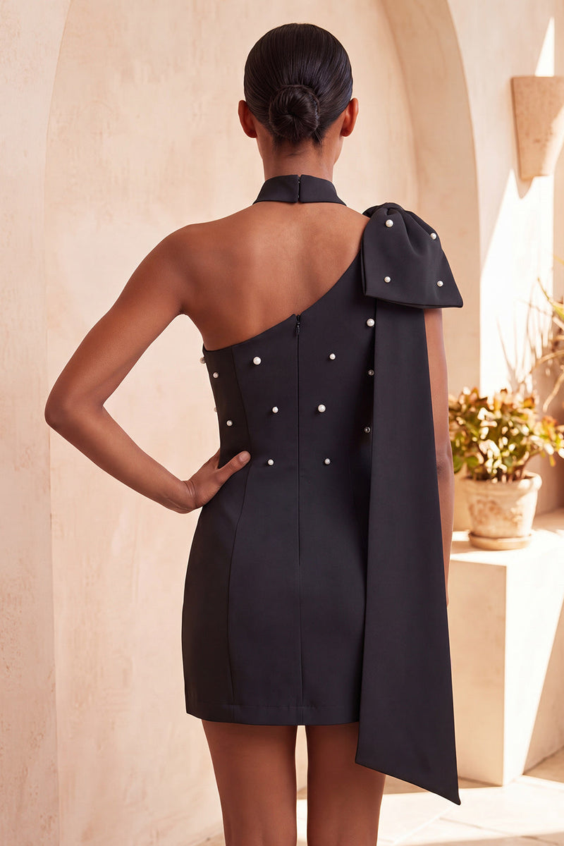 Load image into Gallery viewer, Black Beaded One Shoulder Tight Short Cocktail Dress with Bow