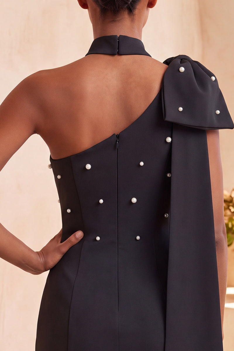 Load image into Gallery viewer, Black Beaded One Shoulder Tight Short Cocktail Dress with Bow