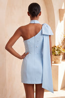 Load image into Gallery viewer, Black Beaded One Shoulder Tight Short Cocktail Dress with Bow