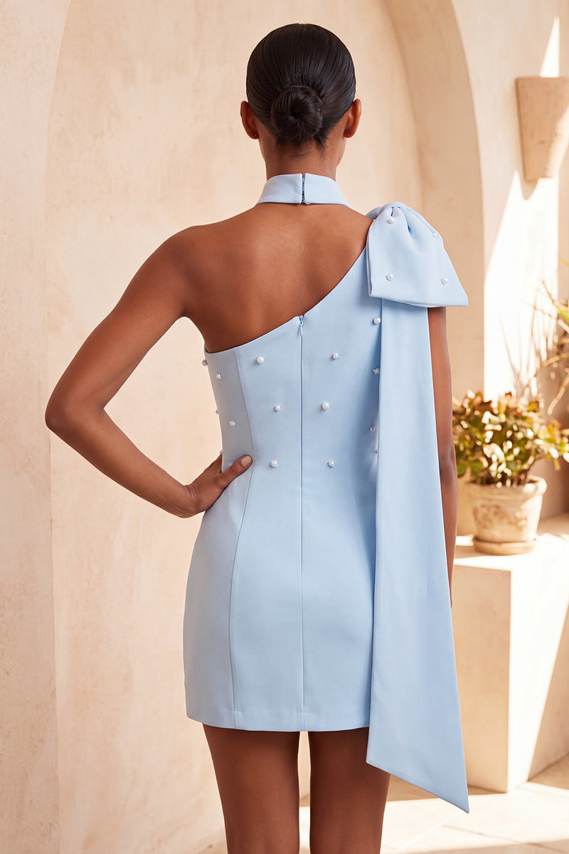 Load image into Gallery viewer, Black Beaded One Shoulder Tight Short Cocktail Dress with Bow