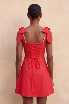Red Scoop Neck A-Line Short Cocktail Dress with Bows