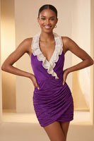 Load image into Gallery viewer, Glitter Purple Ruched Tight Short Cocktail Dress with Ruffles