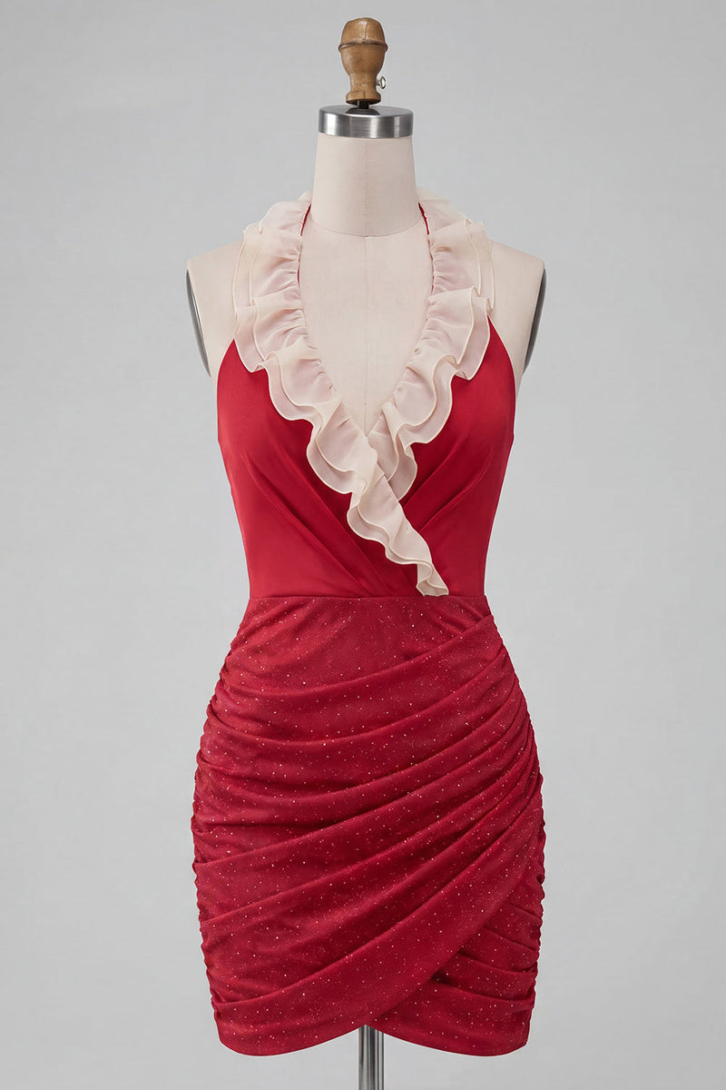Load image into Gallery viewer, Glitter Purple Ruched Tight Short Cocktail Dress with Ruffles