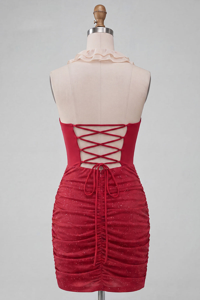 Load image into Gallery viewer, Glitter Purple Ruched Tight Short Cocktail Dress with Ruffles