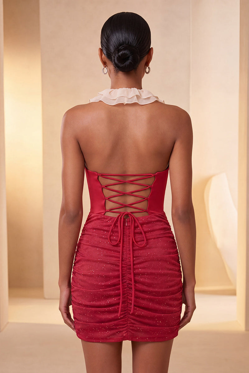 Load image into Gallery viewer, Glitter Purple Ruched Tight Short Cocktail Dress with Ruffles