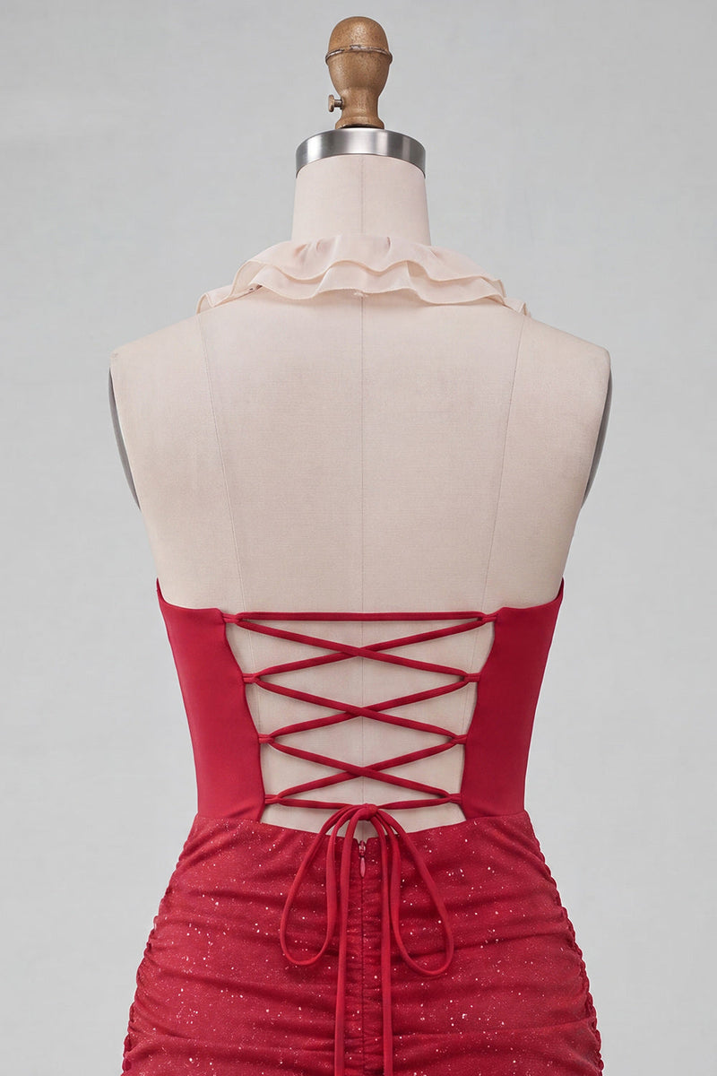 Load image into Gallery viewer, Glitter Purple Ruched Tight Short Cocktail Dress with Ruffles