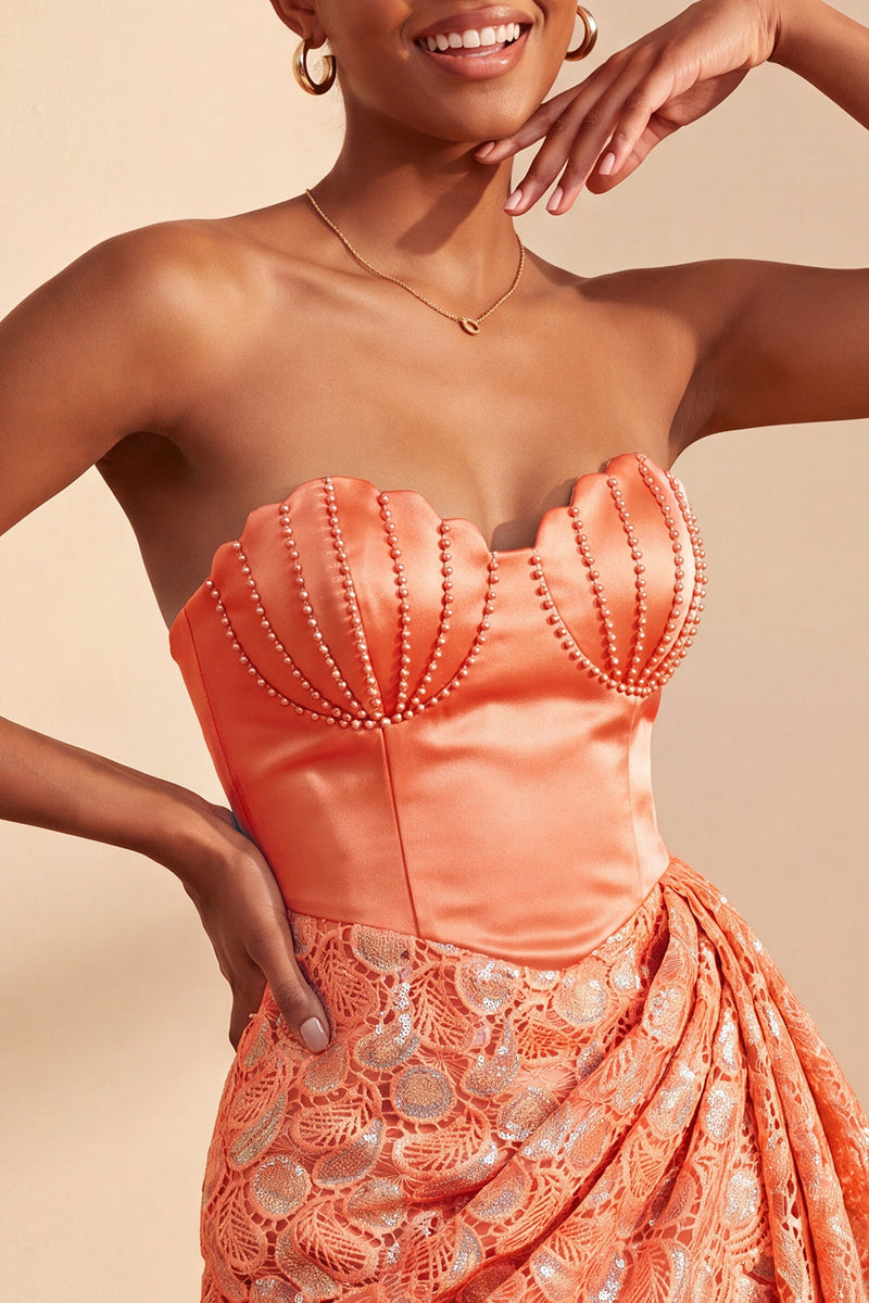 Load image into Gallery viewer, Orange Lace Tight Ruched Short Cocktail Dress with Beading
