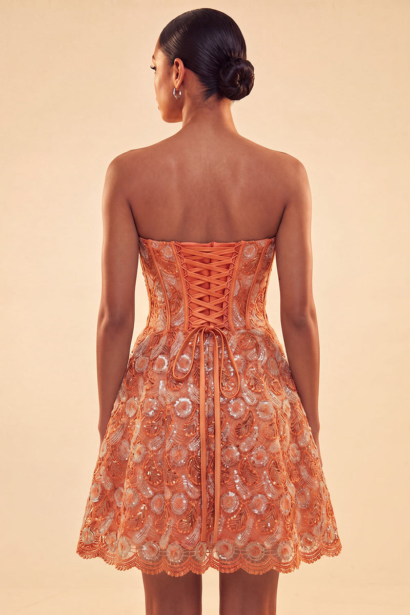 Load image into Gallery viewer, Sparkly Corset Orange Beaded Lace A-Line Short Cocktail Dress