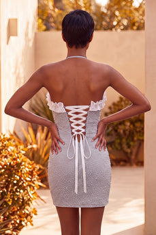 Sparkly Silver Beaded Ruffled Tight Short Cocktail Dress