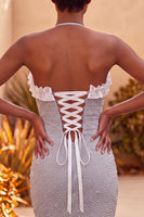 Load image into Gallery viewer, Sparkly Silver Beaded Ruffled Tight Short Cocktail Dress