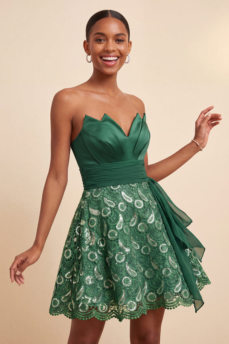 Load image into Gallery viewer, Dark Green Lace A Line Ruched Short Cocktail Dress with Sash