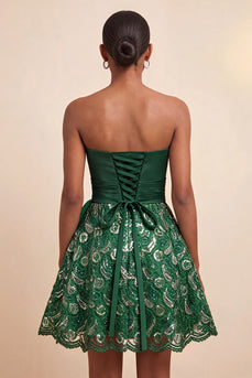 Dark Green Lace A Line Ruched Short Cocktail Dress with Sash