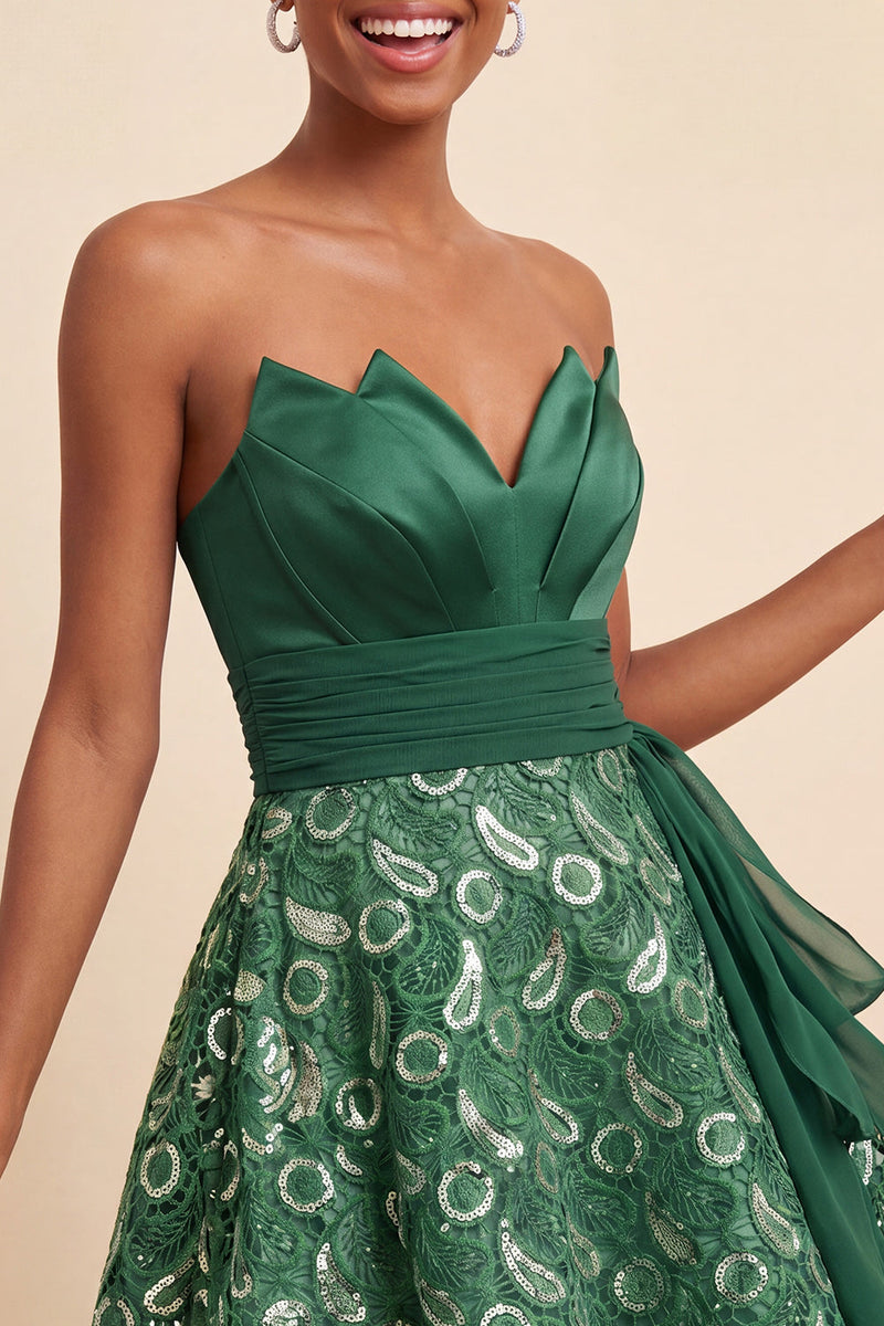 Load image into Gallery viewer, Dark Green Lace A Line Ruched Short Cocktail Dress with Sash