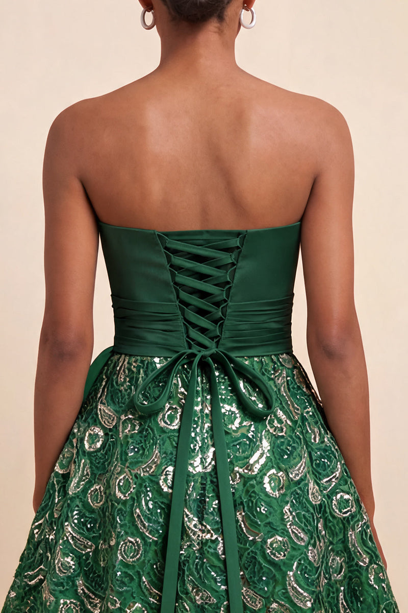Load image into Gallery viewer, Dark Green Lace A Line Ruched Short Cocktail Dress with Sash