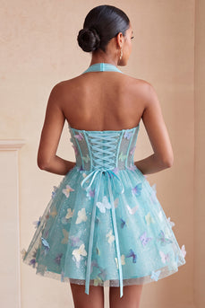 Light Blue Glitter Corset A-Line Short Cocktail Dress with 3D Butterflies