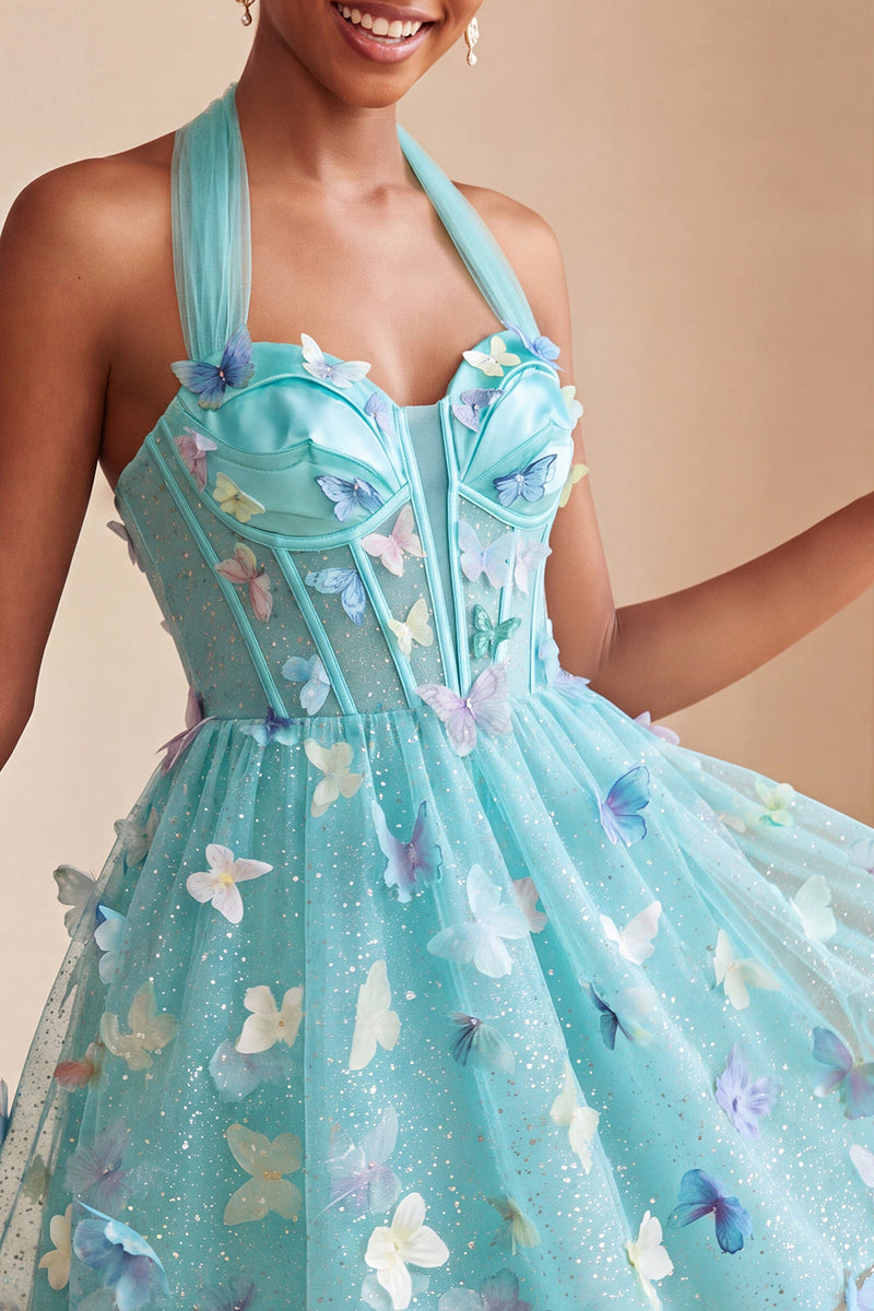 Load image into Gallery viewer, Light Blue Glitter Corset A-Line Short Cocktail Dress with 3D Butterflies
