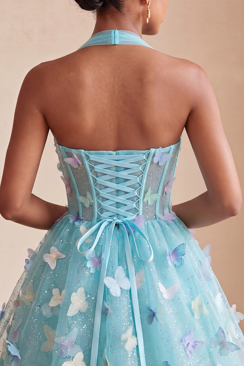 Load image into Gallery viewer, Light Blue Glitter Corset A-Line Short Cocktail Dress with 3D Butterflies