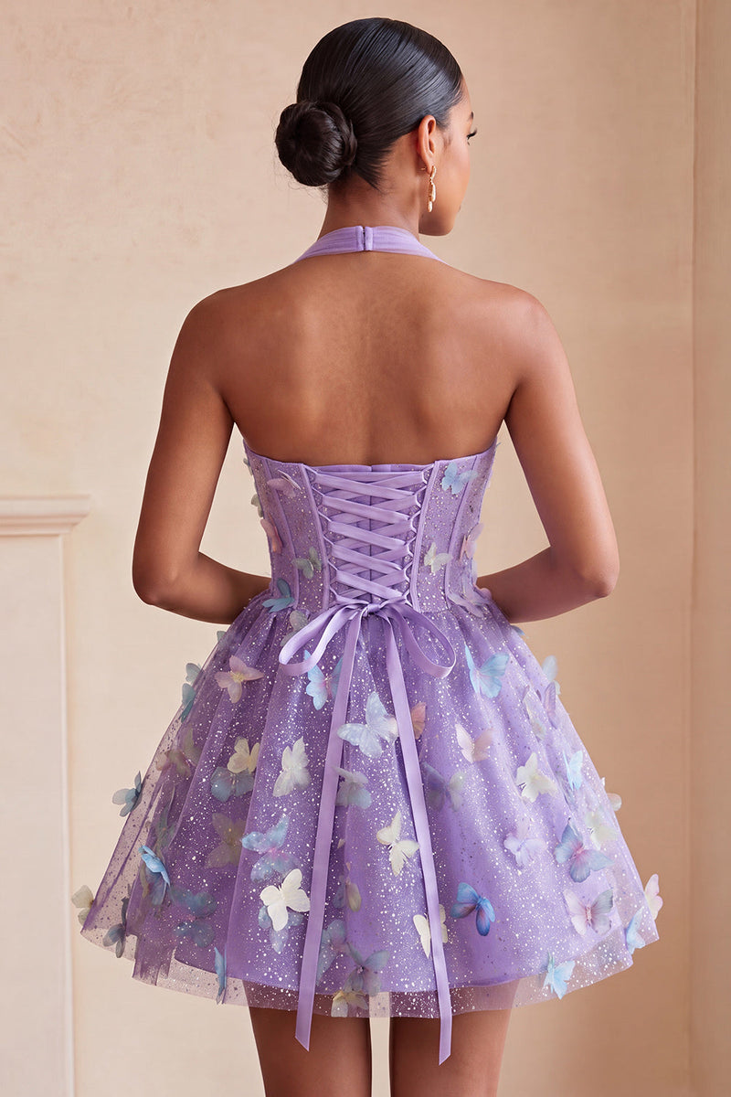 Load image into Gallery viewer, Light Blue Glitter Corset A-Line Short Cocktail Dress with 3D Butterflies