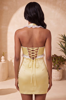 Light Yellow Ruffled Tight Short Cocktail Dress with Beading