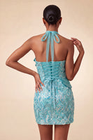 Load image into Gallery viewer, Sparkly Sequin Pink Halter Tight Short Cocktail Dress