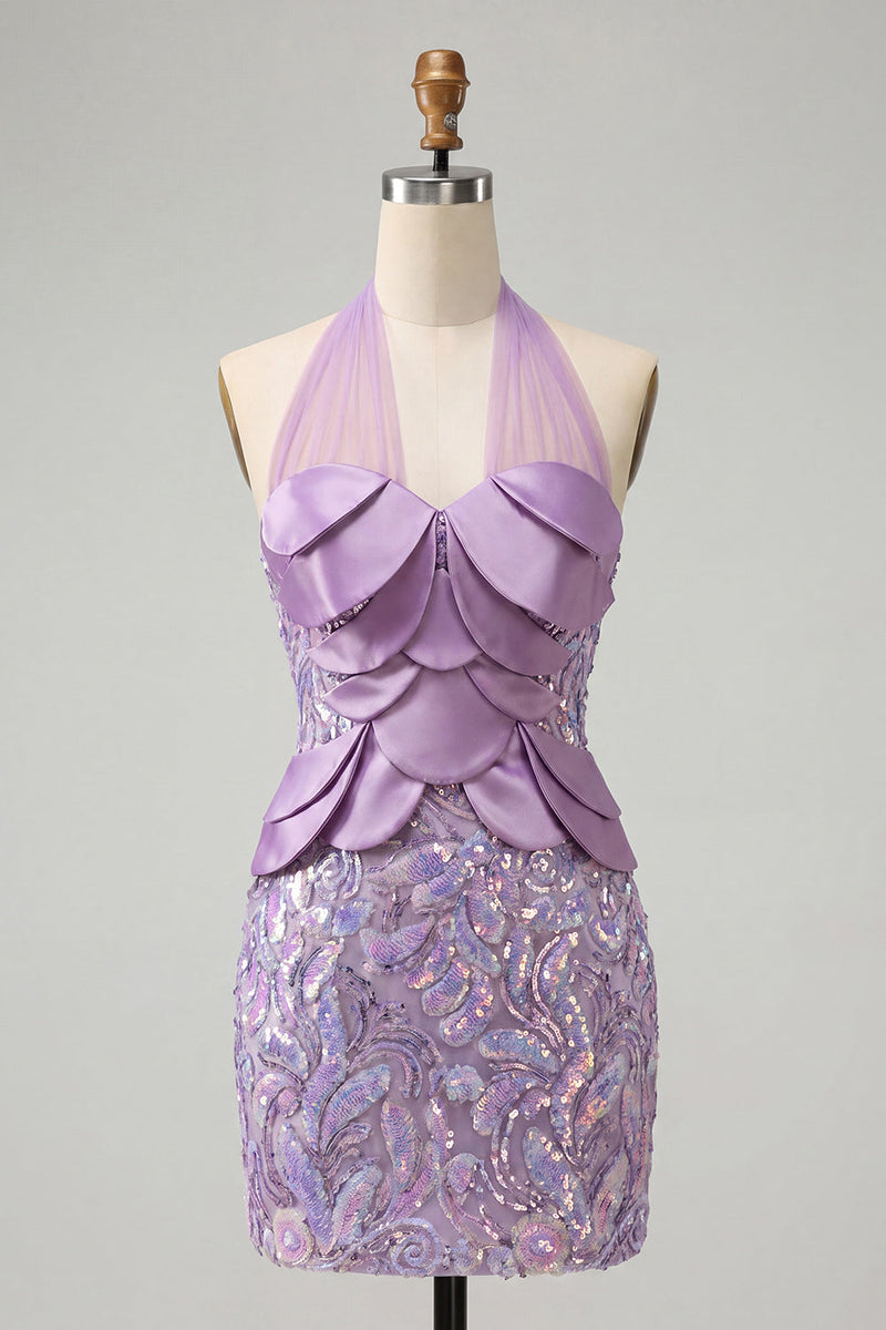 Load image into Gallery viewer, Sparkly Sequin Pink Halter Tight Short Cocktail Dress